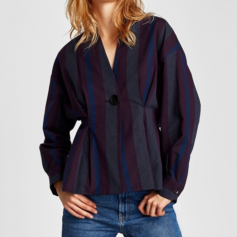 Zara Purple Gray and Blue Striped Shirt Jacket sz L